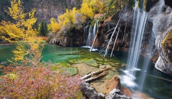 Colorado waterfalls surrounded by trees adorned with vibrant fall colors, as golden leaves cascade down with the flowing water.