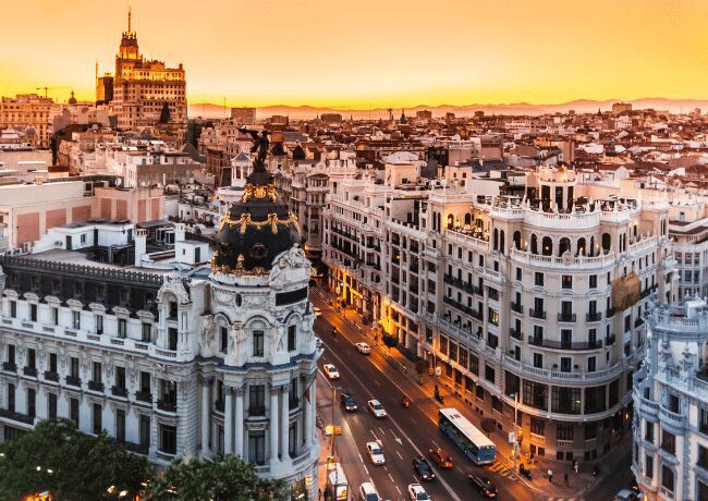 Tall historical buidlings in Madrid Spain.