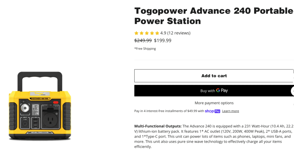Togopower Advance 240 Portable Power Station fourth of the best portable power station for camping small but durable.