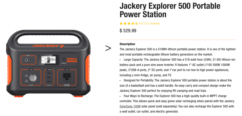 Jackery Explorer 500W Portable Power Station. It's light with large capacity.