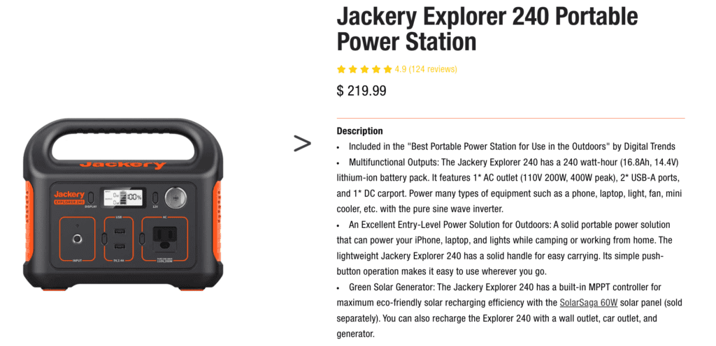 Jackery Explorer 240 Best Portable Power Station for Camping and Vanlife.  It's light and it has large capacity.