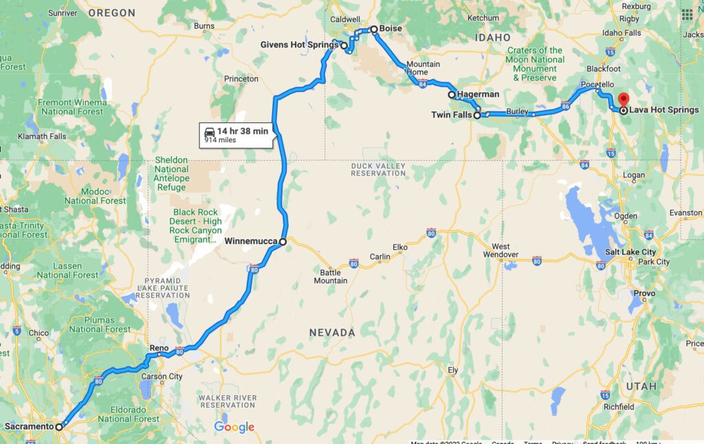 California to Idaho Road Trip Itinerary Map