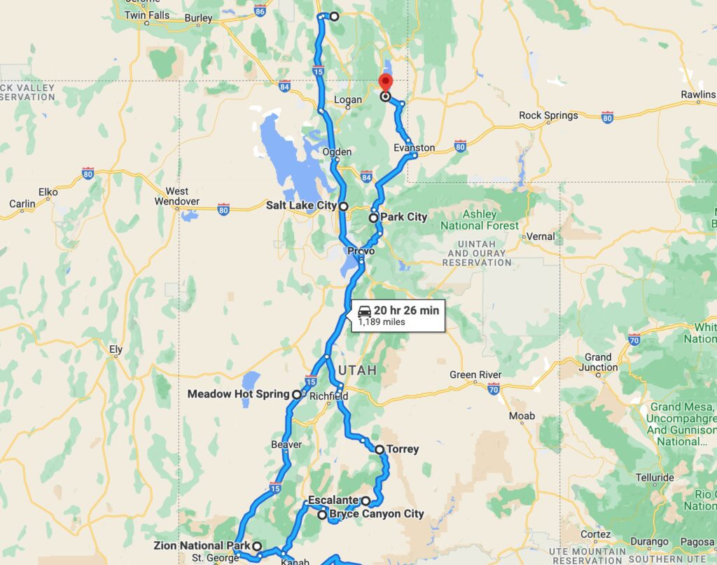 Idaho to Utah Road Trip Itinerary Map