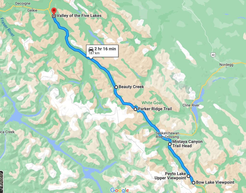 icefields parkway map of hikes
