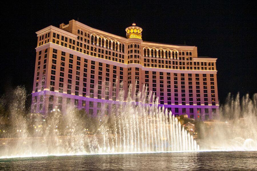The famous fountains at the Bellagio Hotel Casino on the Las Vegas Strip