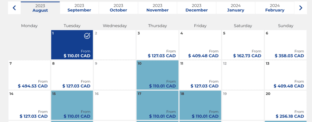 flight calendar with different prices