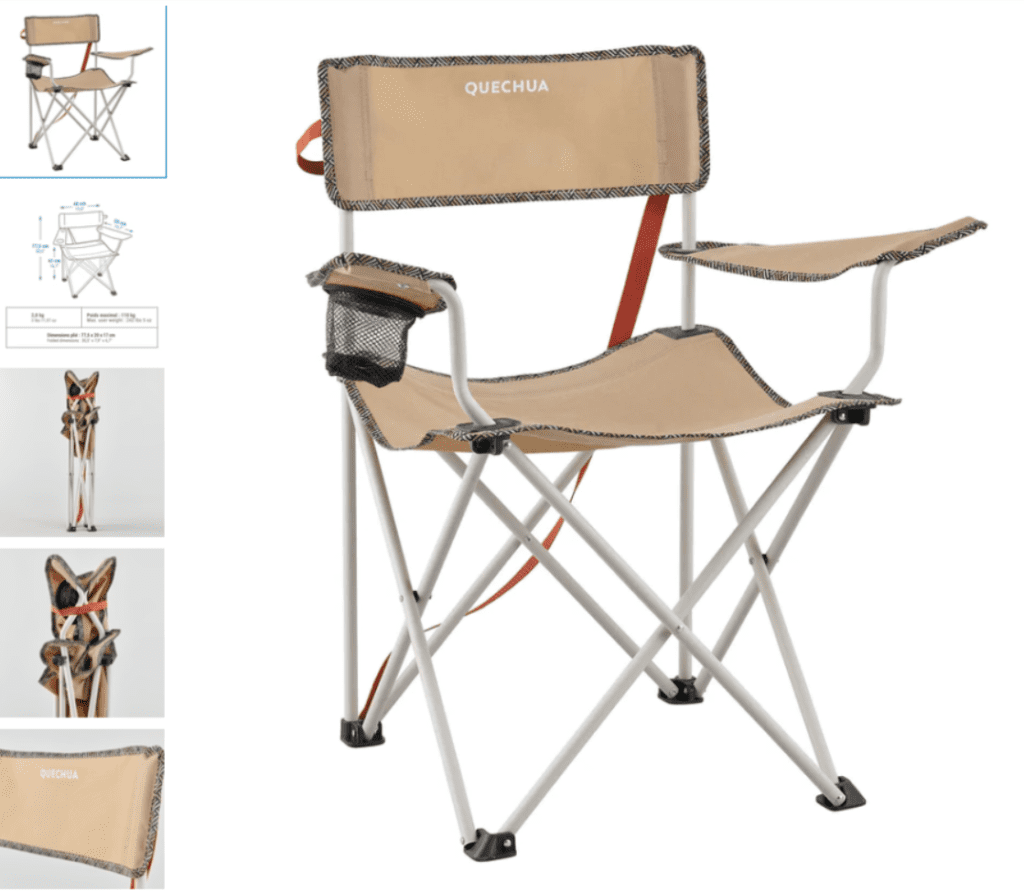 Relax in style and convenience with this sturdy camping chair from Decathlon, featuring a built-in cup holder for added comfort.