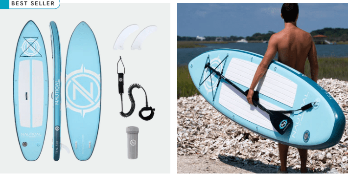 NAUTICAL GO TEN-SIX Inflatable Paddle Board in color blue white- Your go-to paddle board for water adventures. Built with Dual-Layer, Military-Grade PVC for added strength and stability.