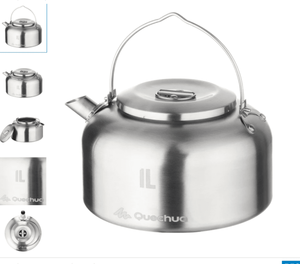 Boil water efficiently and enjoy hot beverages during your camping trips with this durable and compact Quechua 1-liter stainless steel kettle from Decathlon's MH500 series.