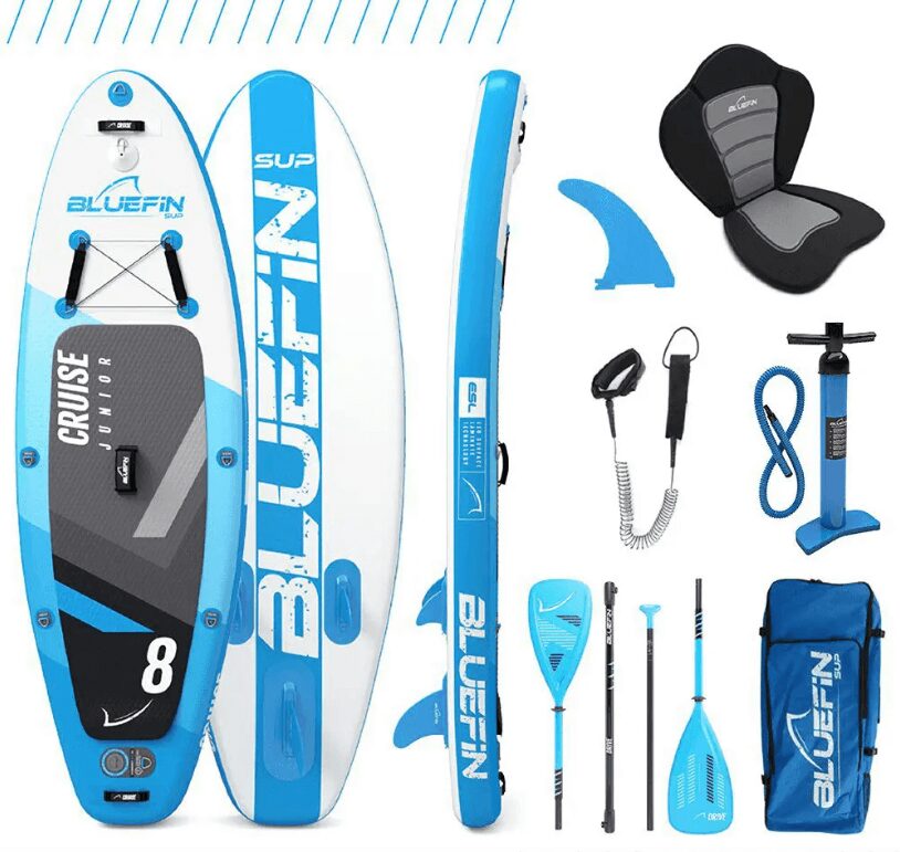 Bluefin Cruise Jr 8′ SUP Package - A complete paddleboarding set for young enthusiasts, featuring an 8-foot inflatable board, ideal for safe and exciting water adventures.