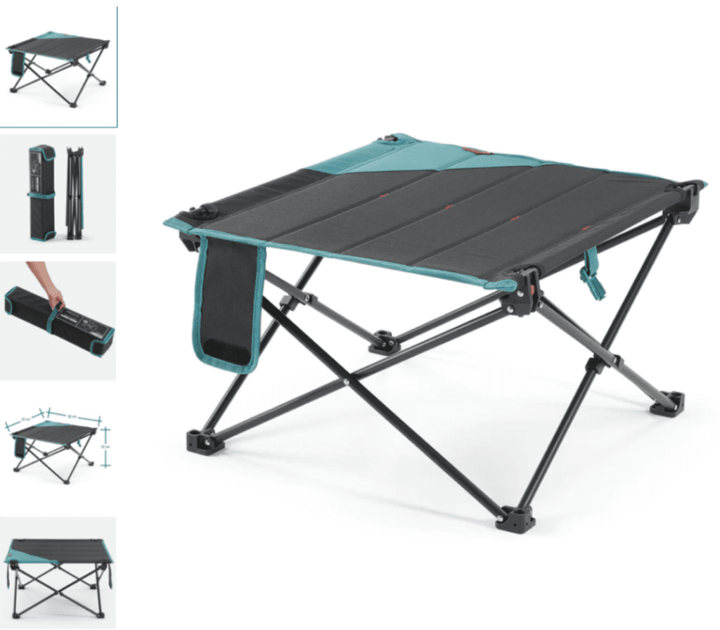 Enjoy convenience and practicality with this low-height folding camping table from Decathlon's MH100 series, perfect for outdoor dining and activities.
