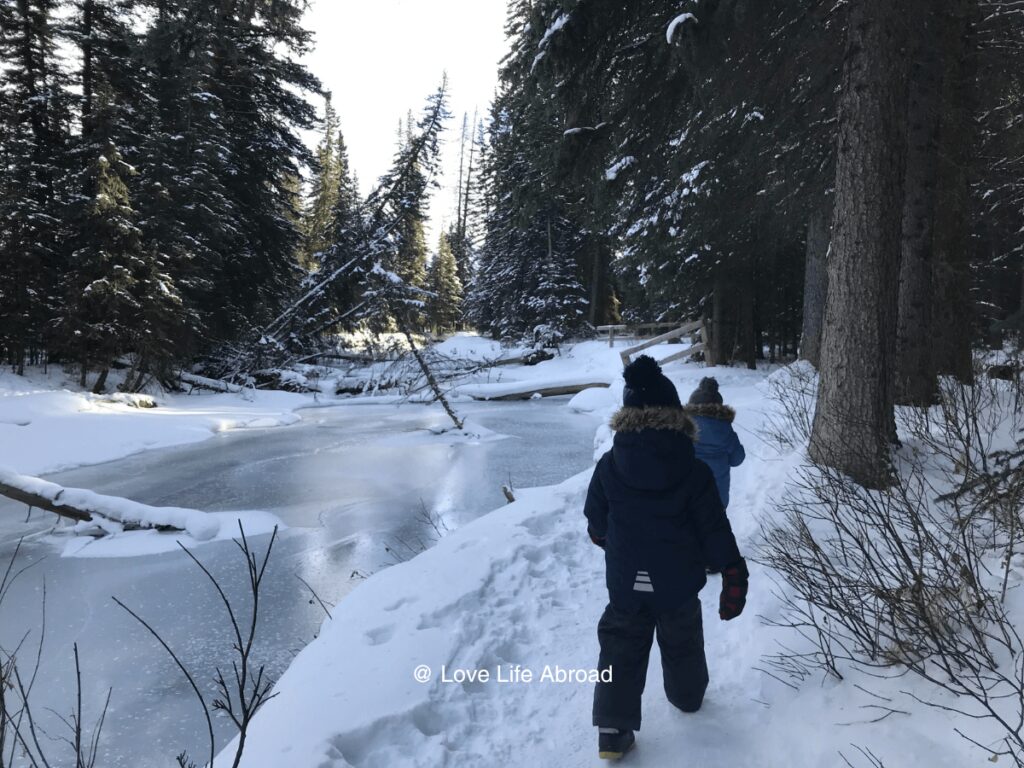 Kids walking on the trail at Fenland Loop near the Banff sign