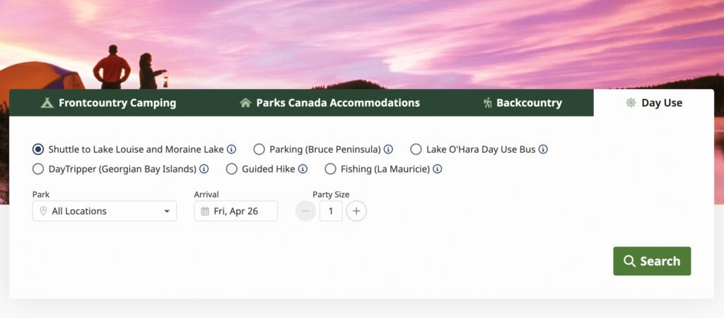 Reservation System on Parks Canada