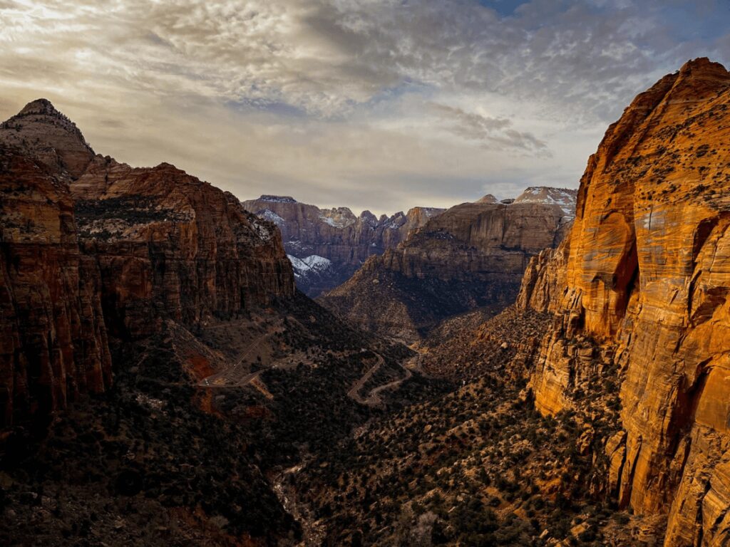 View on Zion National Park with snow covered summits