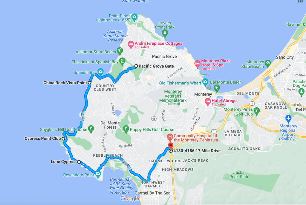 Map of the 14-mile drive in Monterey