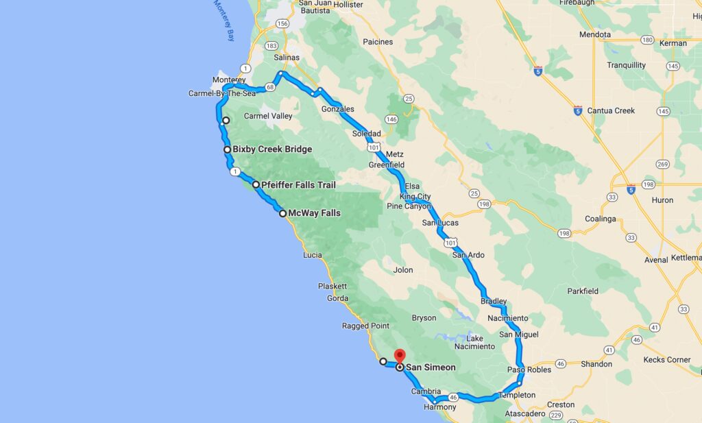 Map of the Big Sur detour on the Highway 1