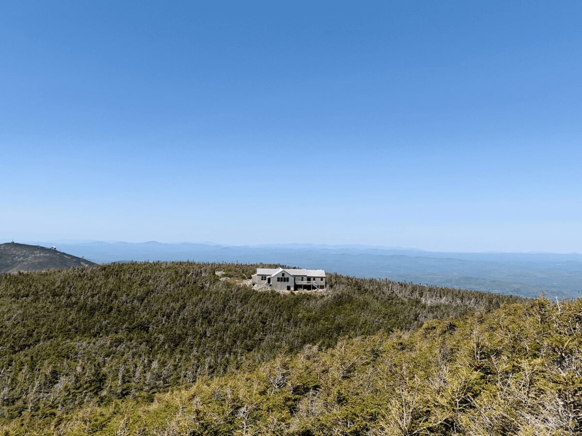 view on AMC Greenleaf Hut when reaching the summit of Mount Lafayette