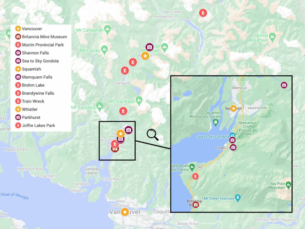 Sea to Sky Highway Map Stops and Attractions