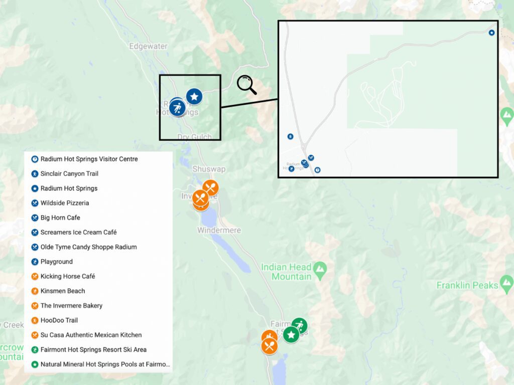 Columbia Valley BC map detailed of Radium Hot Spring, Invermere and Fairmont Hot Spring